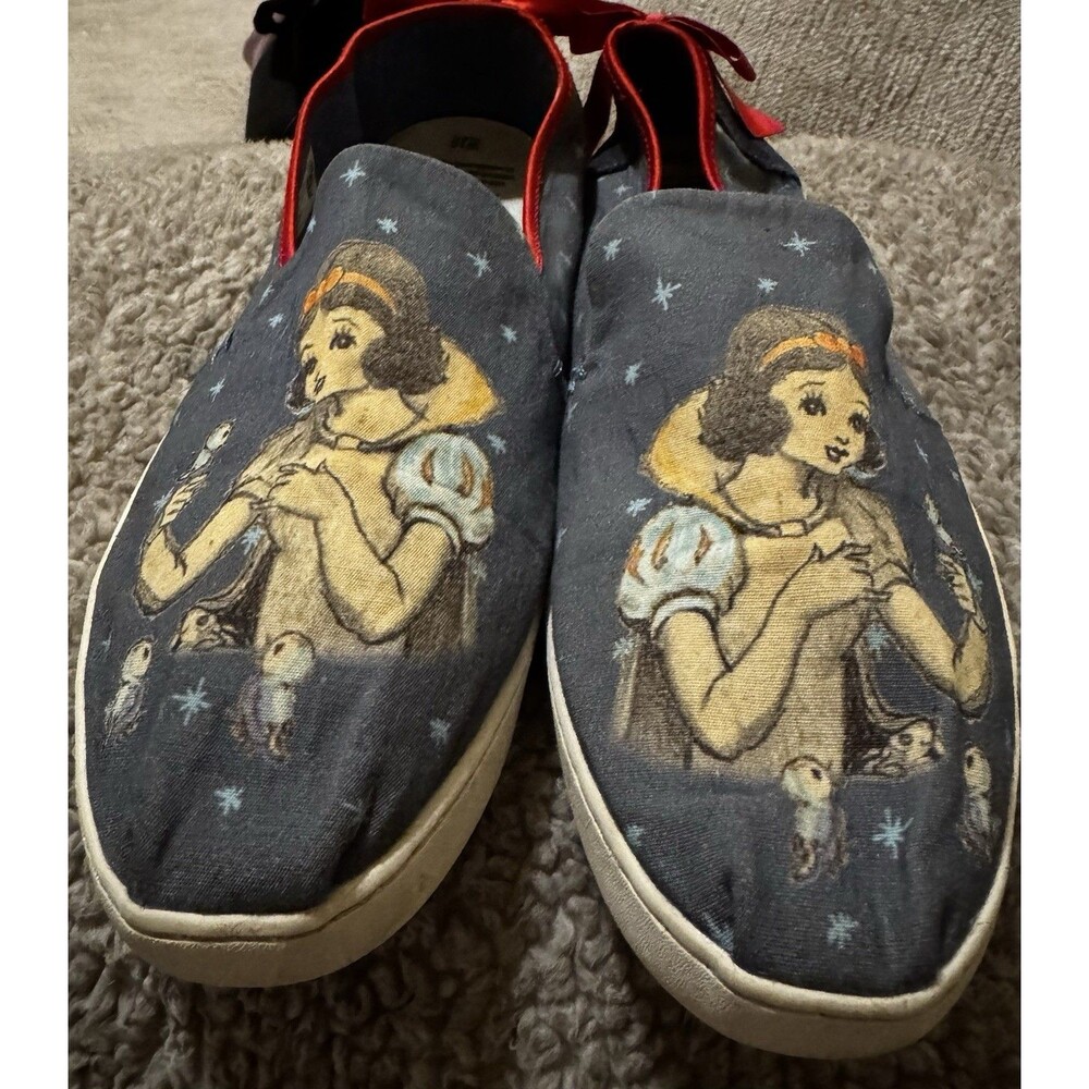 EUC TOMS x Disney Snow White Alpargata Blue Canvas Bow Slip On Shoe Sz 10